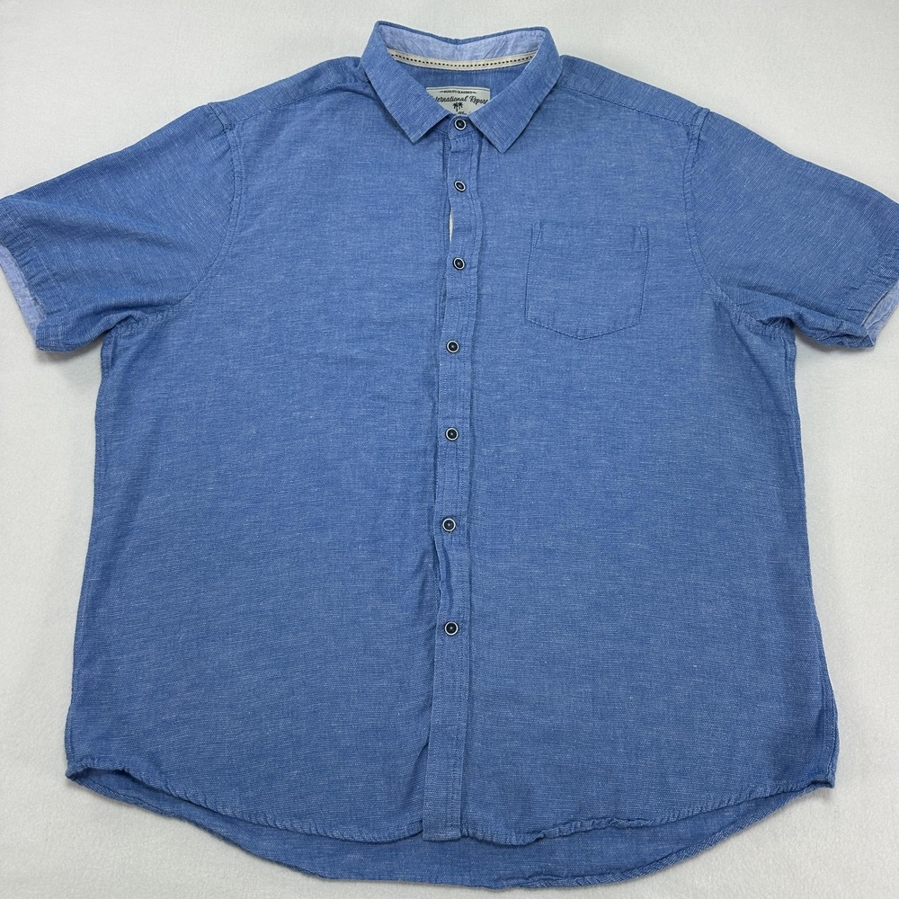International Report Shirt Mens 2XL Blue Linen Blend Short Sleeve Casual Prep